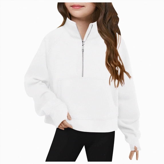 Wonitaaizi Girls Half Zipper Sweatshirts Cute Fall Pullover Crop Tops Girls Long Sleeve Clothes (9-10 Years,White)