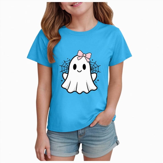 Wonitaaizi Girls Halloween Tshirts Toddler Short Sleeve Monster Ghost Pumpkin Tee Tops Tshirts (2-3 Years,Sky Blue)
