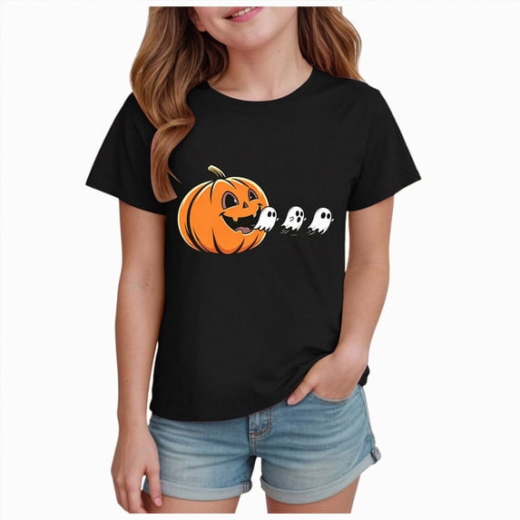 Wonitaaizi Girls Halloween Tshirts Toddler Short Sleeve Monster Truck Boo Ghost Dino Pumpkin Tee Tops Tshirts (7-8 Years,Black)