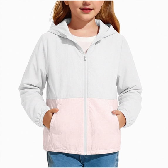 Wonitaaizi Girls Hooded Jacket Lightweight Long Sleeve Warm Jackets Color Block (13-14 Years,White)