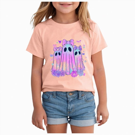 Wonitaaizi Girls Kids Halloween Tshirt Tshirts Ghost Clothes Short Sleeve Tee (13-14 Years,Light Pink)