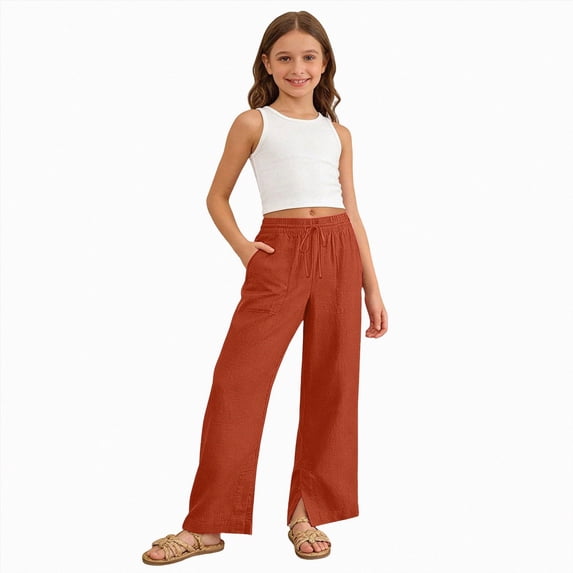 Wonitaaizi Girls Linen Pants Wide Leg Cozy Elastic Waist Flowy Casual Pants Summer Beach Cropped Trousers with Pockets (11-12 Years,Red)