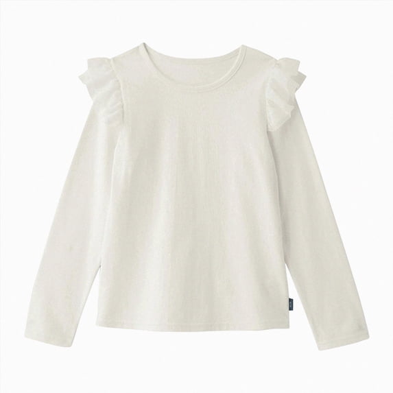 Wonitaaizi Girls Long Sleeve T-Shirt Toddler Comfort Soft Thick Basic Crewneck Tee Tops with Ruffles Trim (3-4 Years,White)
