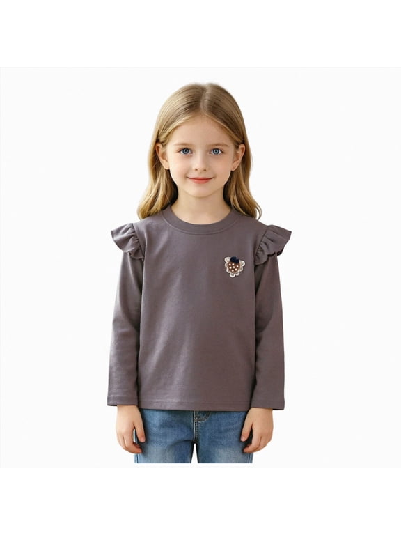 Girls Long Sleeve T-Shirt Toddler Comfort Soft Thick Basic Crewneck Tee Tops with Ruffles Trim (6-12 Months,Grey)