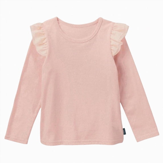 Wonitaaizi Girls Long Sleeve T-Shirt Toddler Comfort Soft Thick Basic Crewneck Tee Tops with Ruffles Trim (8-10 Years,Pink)
