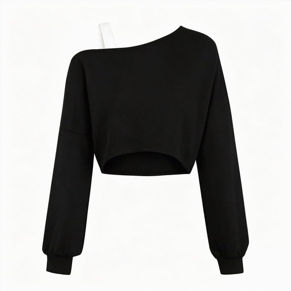 Wonitaaizi Girls Off The Shoulder Sweatshirt Asymmetrical Long Sleeve Cute Crop Tops (5-6 Years,Black)