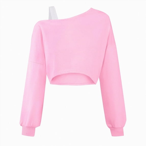 Wonitaaizi Girls Off The Shoulder Sweatshirt Asymmetrical Long Sleeve Cute Crop Tops (9-10 Years,Pink)
