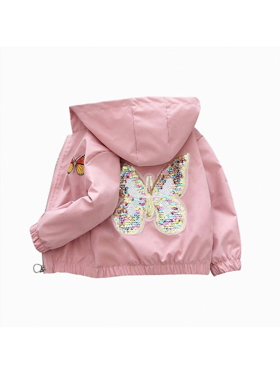 Girls Sequin Butterfly Jacket- Spring Fall Sparkle Hooded Windbreaker Shimmer Butterfly Lightweight Zip Up Coat (2-3 Years,Pink)