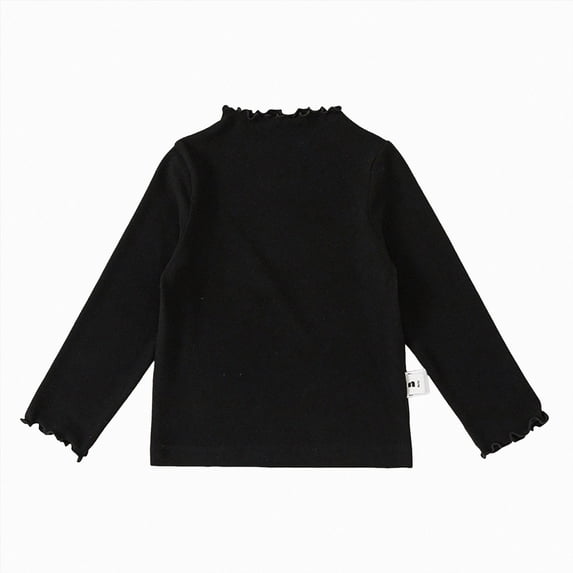 Wonitaaizi Girls Solid Lettuce Trim Mock Neck Shirt Long Sleeve Slim Fit Tee Ruffle Tops (12-18 Months,Black)