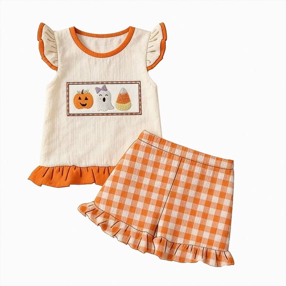 Wonitaaizi Halloween Outfit Toddler Baby Girl Pumpkin Face Ruffle Sleeveless Shirt Tank Top+ Plaid Shorts Set 2PC (18-24 Months,Orange)