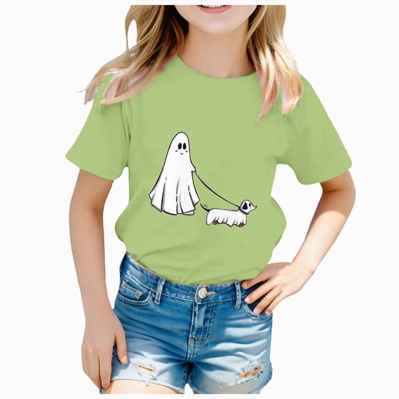 Wonitaaizi Halloween Shirts for Boys Ghost Pumpkin T-Shirts Kids Tees Tops Short Sleeve Halloween Tshirt Light Green for Size 18-24 Months
