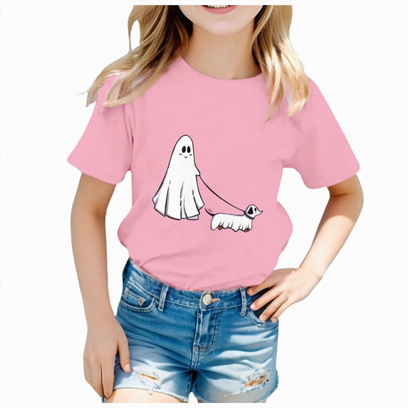 Wonitaaizi Halloween Shirts for Boys Ghost Pumpkin T-Shirts Kids Tees Tops Short Sleeve Halloween Tshirt Pink for Size 8-10 Years