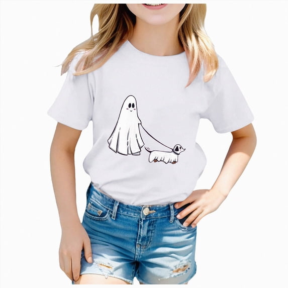 Wonitaaizi Halloween Shirts for Boys Ghost Pumpkin T-Shirts Kids Tees Tops Short Sleeve Halloween Tshirt White for Size 2-3 Years