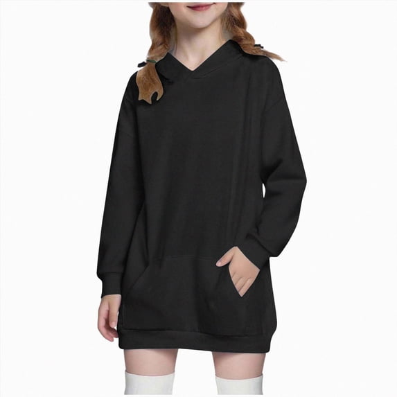 Wonitaaizi Long Hoodie for Girls Lightweight Casual Oversized Long Sleeve Hooded Sweatshirts Solid Hoodie Dress (9-10 Years,Black)