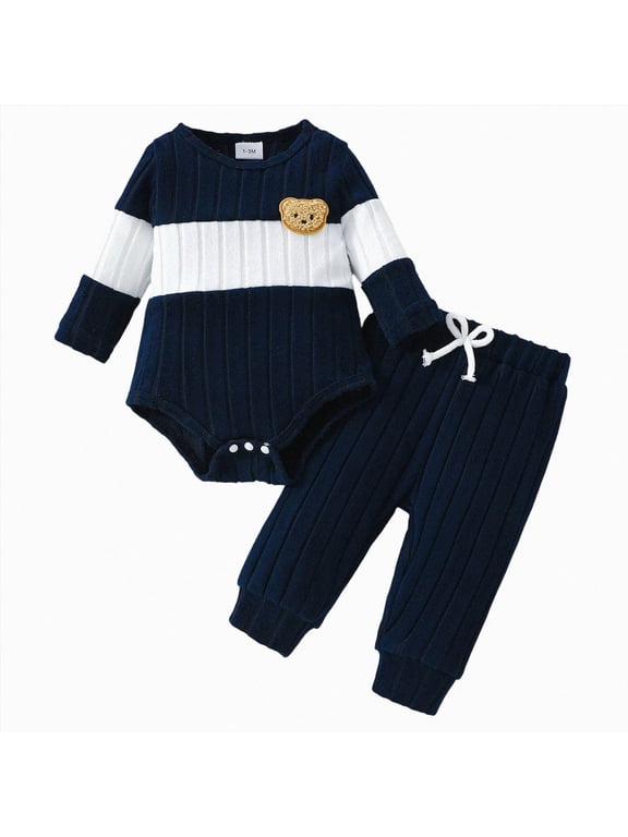 Newborn Baby Boy Clothes Infant Boy Girl Striped Long Sleeve Sweatshirt Romper Bodysuit Soft Fall Winter Outfit(6-9 Months,Navy)