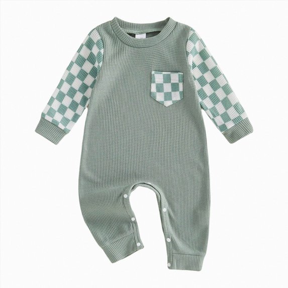 Wonitaaizi Newborn Baby Boy Fall Outfit Romper Long Sleeve Plaid Print Jumpsuits Cute Infant Clothes (3-6 Months,Green)