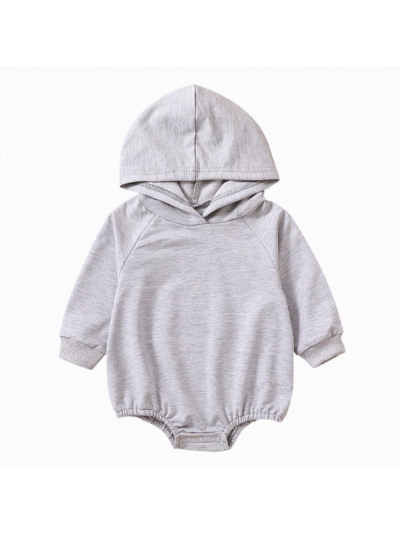 Newborn Baby Boy Girl Hooded Romper Long Sleeve Front Pocket Solid Color Hoodie Bodysuit Fall Winter Outfit(6-9 Months,Grey)