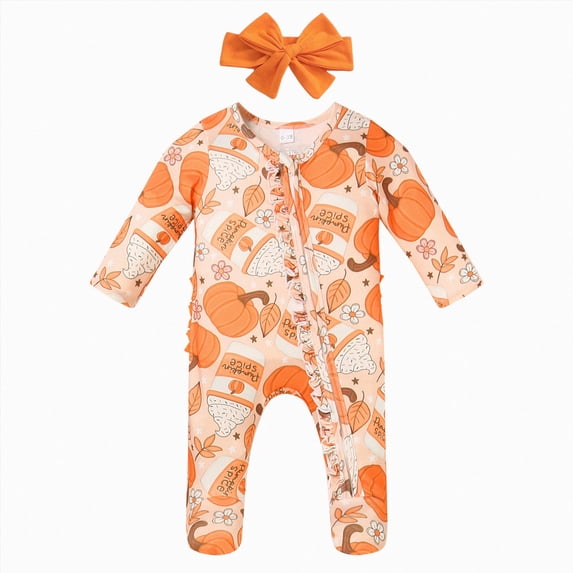 Wonitaaizi Newborn Baby Girl Clothes Footie Romper Headband Outfits(3-6 Months,Orange)
