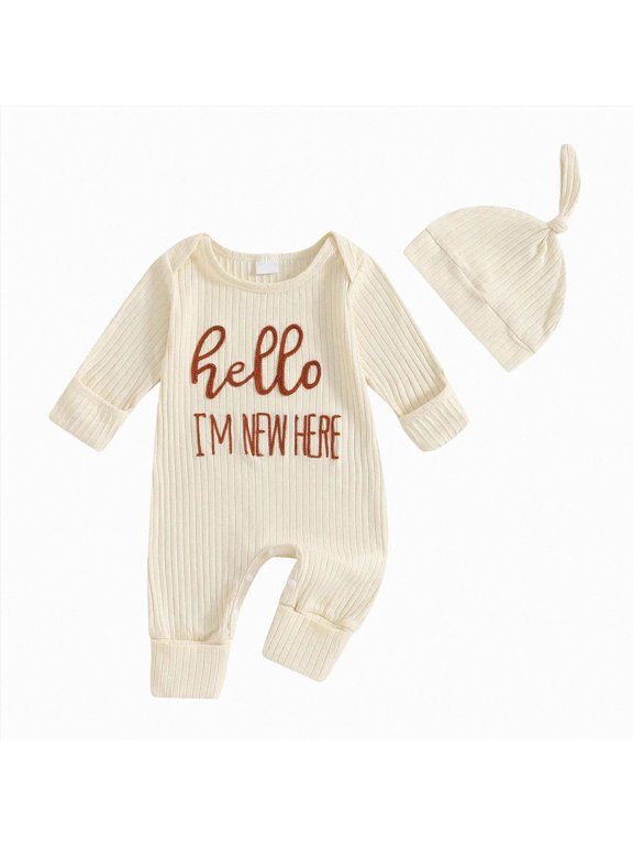 Newborn Outfit Girl Long Sleeve Letter Romper Jumpsuit Baby Outfit 2PC (3-6 Months,Beige)
