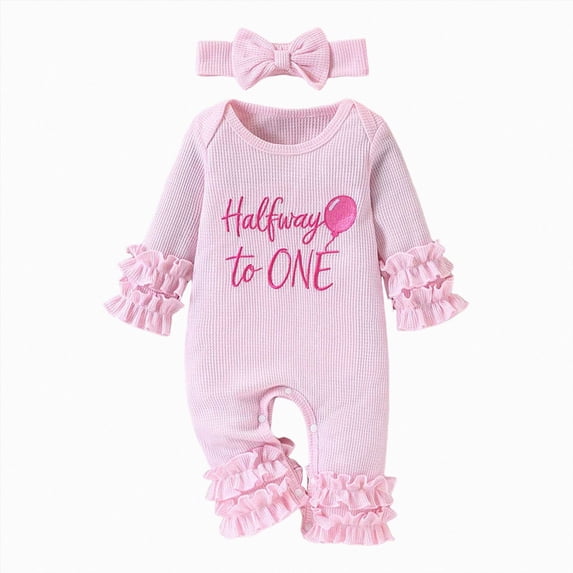 Wonitaaizi Outfit Baby Girl Halfway to One Balloon Jumpsuit Romper Headband (3-6 Months,Pink)