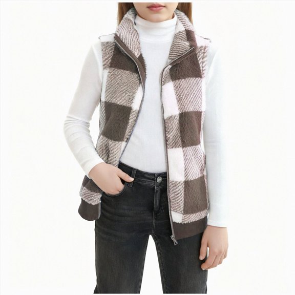 Wonitaaizi Plaid Jacket for Teen Girls Sleeveless Fleece Vest Full Zipper Stand Collar Jacket Warm Outwear (11-12 Years,Brown)