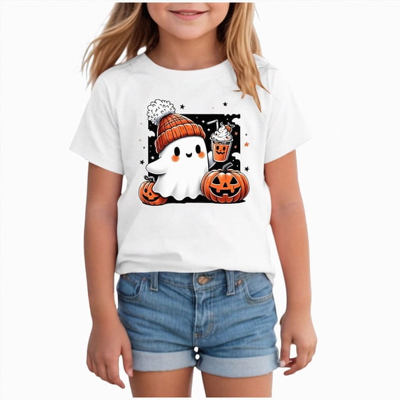 Wonitaaizi Teen Girls Pumpkin Halloween Tshirts Funny Ghost Graphic Tees Kids Cute Holiday Party Clothes (6-7 Years,White)