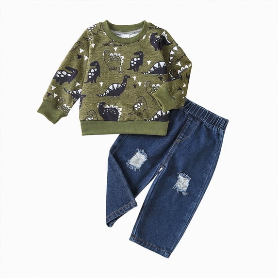 Wonitaaizi Toddler Baby Boy Clothes Fall Winter Outfits Long Sleeve Letter Printed Sweatshirt Pullover Tops + Jean Pants Set (2-3 Years,Army Green)