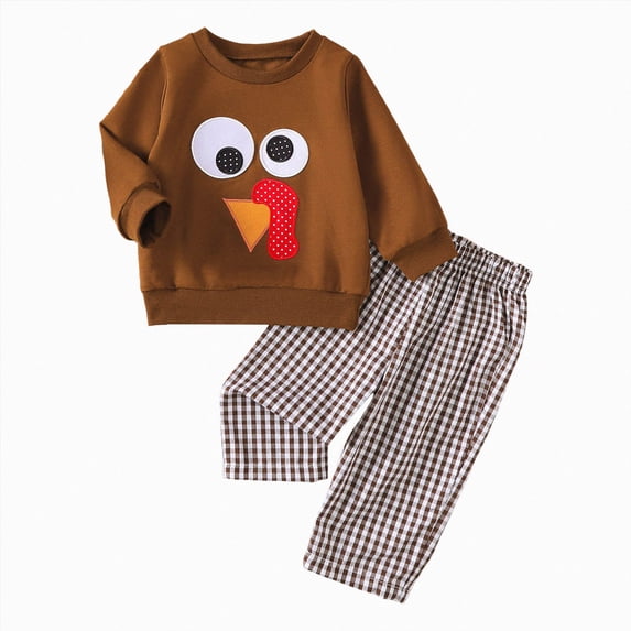Wonitaaizi Toddler Baby Boy Thanksgiving Outfit Crewneck Sweatshirt and Plaid Pants Set Infant Fall Clothes (12-18 Months,Coffee)