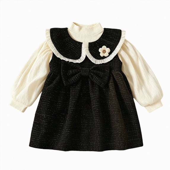 Wonitaaizi Toddler Baby Girl Corduroy Dress Ruffle Collar Floral Long Sleeve Dress Spring Fall Outfits 2PC (6-7 Years,Black)