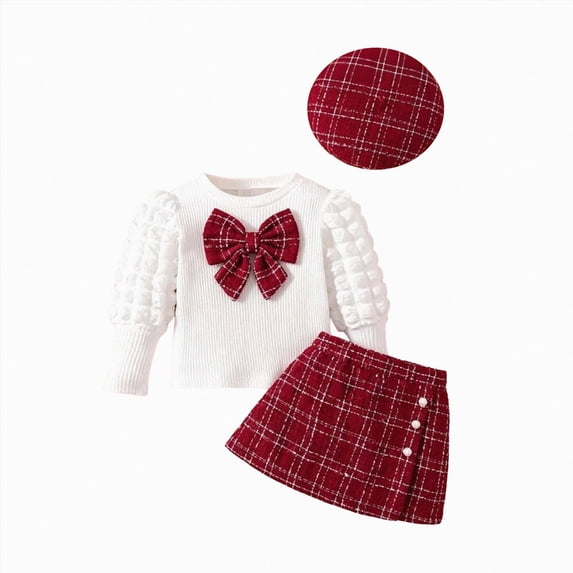 Wonitaaizi Toddler Baby Girl Plaid Dress Puff Sleeve Shirts Dress Plaid Fall Winter Outfits with Hat 3PC (2-3 Years,Red)