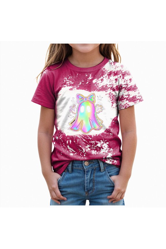 Toddler Boy and Girl Halloween Shirt Ghost Graphic T-Shirt Cute Spooky Season Short Sleeve Tees(3-4 Years,Hot Pink)