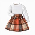 thumbnail image 1 of Wonitaaizi Toddler Girls Plaid Outfits Girls Puff Sleeve Knit Ribbed Shirt Tops Plaid Skirt Set Kids Fall Winter Clothes (2-3 Years,Khaki), 1 of 1