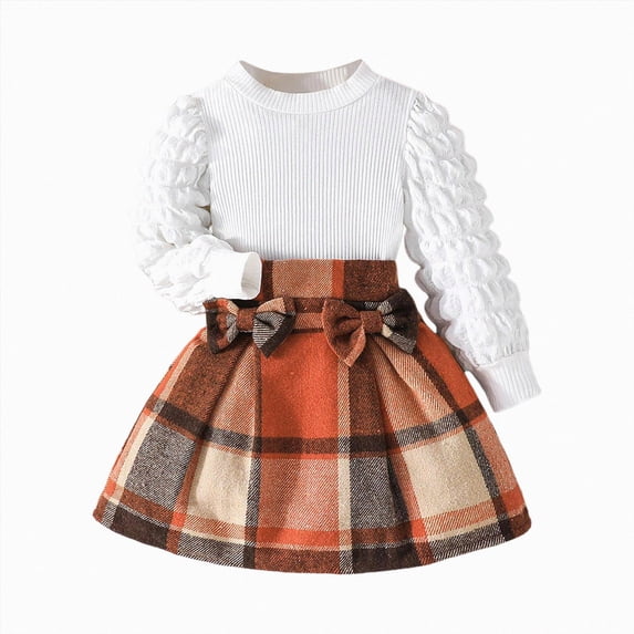 Wonitaaizi Toddler Girls Plaid Outfits Girls Puff Sleeve Knit Ribbed Shirt Tops Plaid Skirt Set Kids Fall Winter Clothes (2-3 Years,Khaki)
