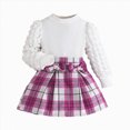 thumbnail image 1 of Wonitaaizi Toddler Girls Plaid Outfits Girls Puff Sleeve Knit Ribbed Shirt Tops Plaid Skirt Set Kids Fall Winter Clothes (7-8 Years,Hot Pink), 1 of 7