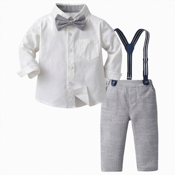Wonitaaizi Toddler Kids Baby Boys Formal Suit Gentleman White Shirt with Bowtie + Suspender Pants Overalls Clothes (7-8 Years,Grey)