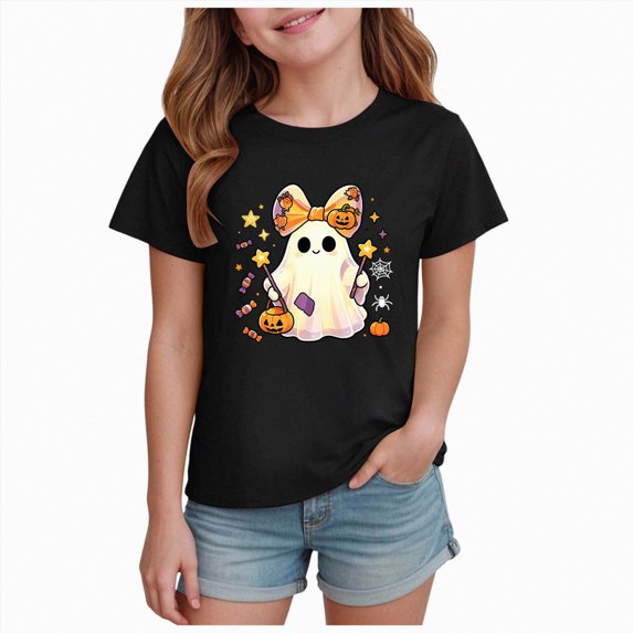 Wonitaaizi Unisex Cute Spooky Ghost Summer Halloween in Summer Kids Girls T-Shirt Black for Size 5-6 Years