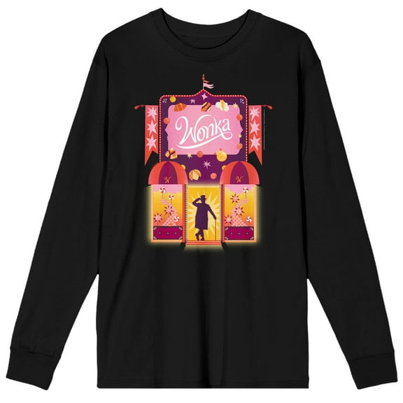 Wonka 2023 Character Silhouette In Doorway Crew Neck Long Sleeve Black Adult Tee-Medium