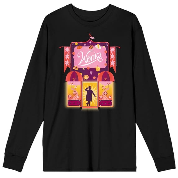 Wonka 2023 Character Silhouette In Doorway Crew Neck Long Sleeve Black Adult Tee-Small