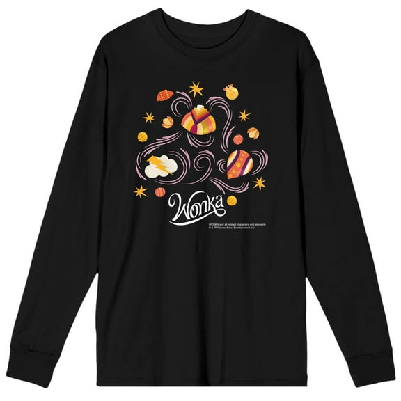 Wonka 2023 Colorful Candies Crew Neck Long Sleeve Black Adult Tee-Small