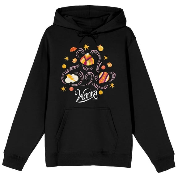 Wonka Different Candy Objects Long Sleeve Black Adult Hooded Sweatshirt-Medium