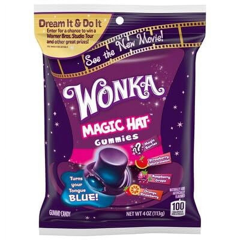 Wonka Magic Hat Gummies | 4 Pack | Hat Shaped Fruit Flavored Gummies | Orange Strawberry, Strawberry Watermelon, Raspberry Grape, and Magic Berries | 4 Oz Candy Bag | 100-Calorie Snack