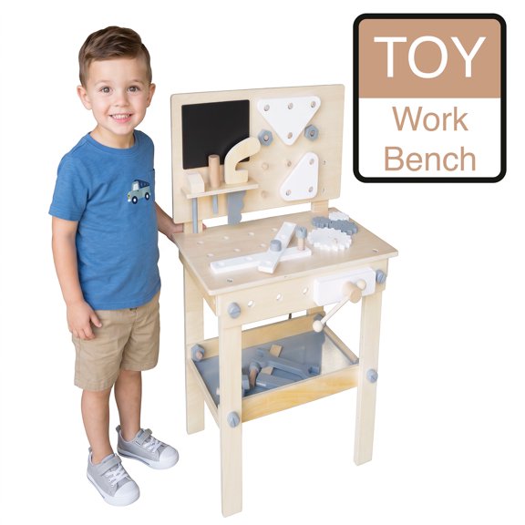 WonkaWoo Wooden Workbench Playset with Blackboard for Kids Construction Building Tools Toy Set