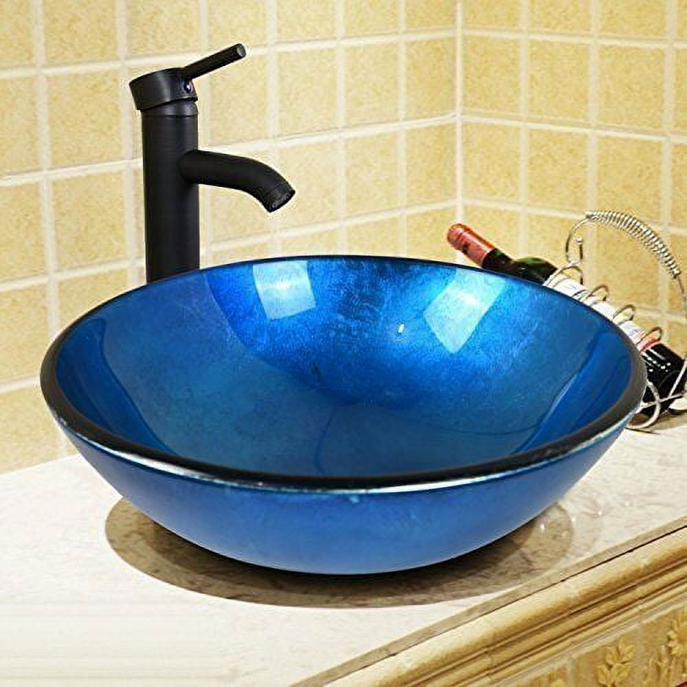 Wonline 16.5" Blue Bathroom Round Tempered Vessel Sink Drain Faucet Glass Vanity Combo Basin Bowl New