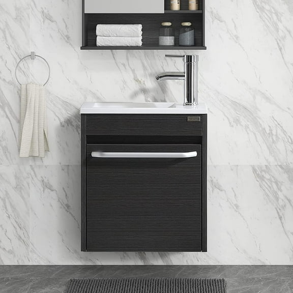 Wonline 16" Floating Bathroom Vanity Wall Mounted Black Vanity for Small Bathroom Single Cabinet Resin Basin Faucet Black