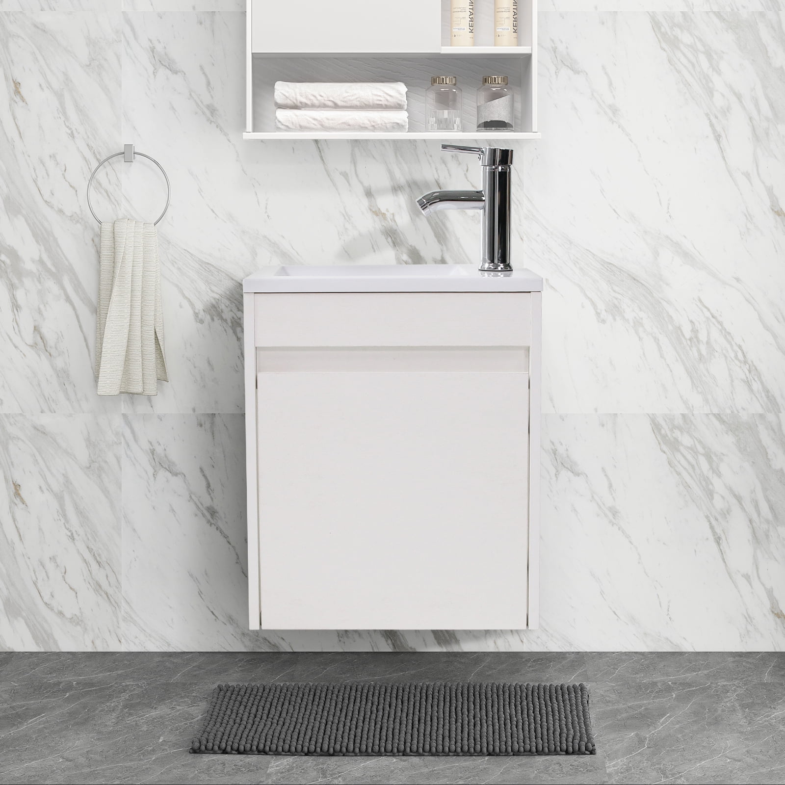 Wonline 16" Floating Bathroom Vanity Wall Mounted Black Vanity for Small Bathroom Single Cabinet Resin Basin Faucet White