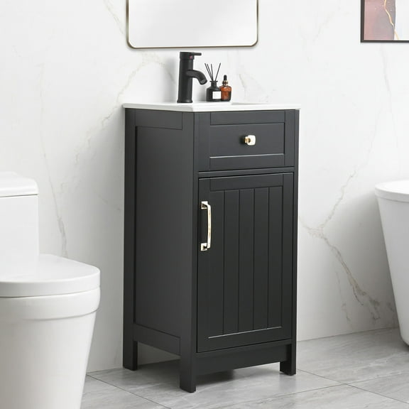 Wonline 16 inch Bathroom Vanity with White Ceramic Sink Combo for Small Space,Modern Bathroom Storage Vanity with Soft-Close Doors Adjustable Shelf(Black)