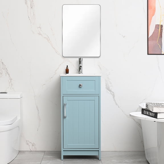 Wonline 16 inch Bathroom Vanity with White Ceramic Sink Combo for Small Space,Modern Bathroom Storage Vanity with Soft-Close Doors Adjustable Shelf(Ice Blue)