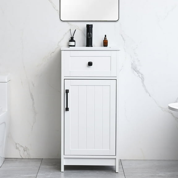 Wonline 16 inch Bathroom Vanity with White Ceramic Sink Combo for Small Space,Modern Bathroom Storage Vanity with Soft-Close Doors Adjustable Shelf(White)