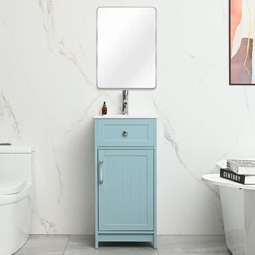 Wonline 16 inch Bathroom Vanity with White Ceramic Sink Combo for Small Space,Modern Bathroom Storage Vanity with Soft-Close Doors Adjustable Shelf(Ice Blue)