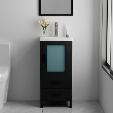 Wonline 16 inch Bathroom Vanity with White Ceramic Sink Combo Modern Bathroom Cabinet(Black)